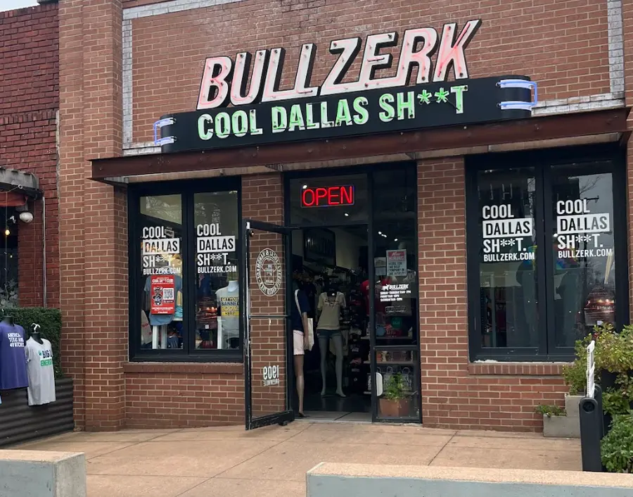The Bullzerk storefront on Greenville Ave with its neon sign