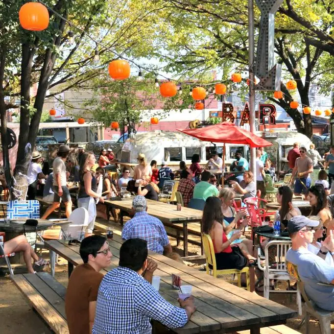 Food trucks and picnic tables at Truck Yard