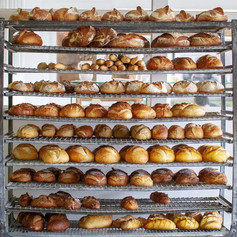 A rack of fresh sourdough loaves and baguettes at Village Baking Co.