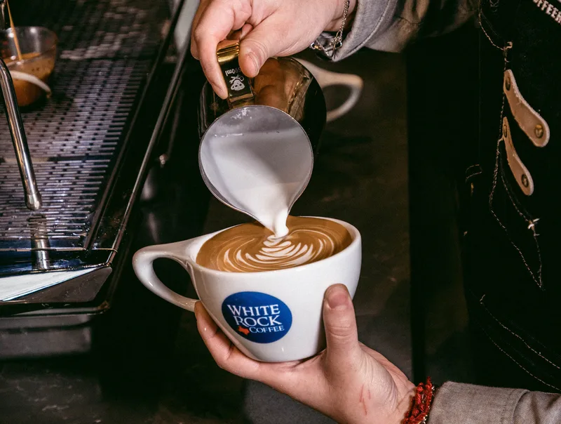A barista pouring latte art into a White Rock Coffee cup