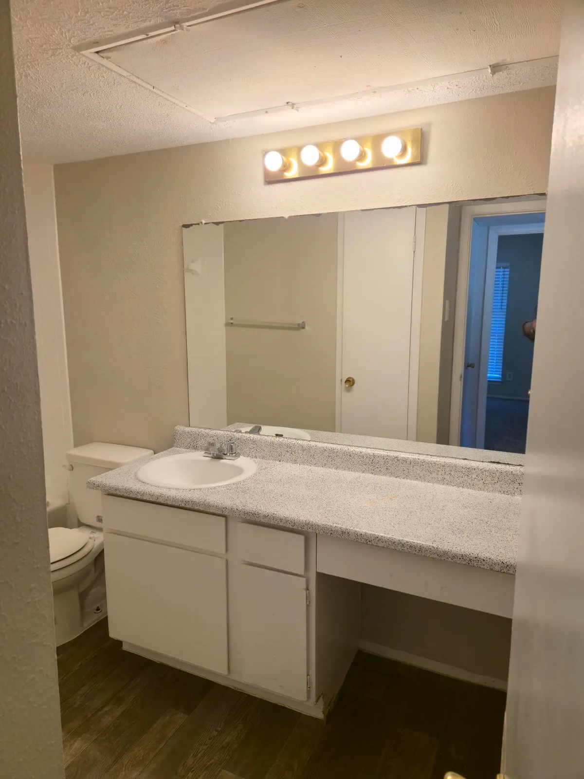 Bathroom vanity with a large mirror and a Hollywood light bar