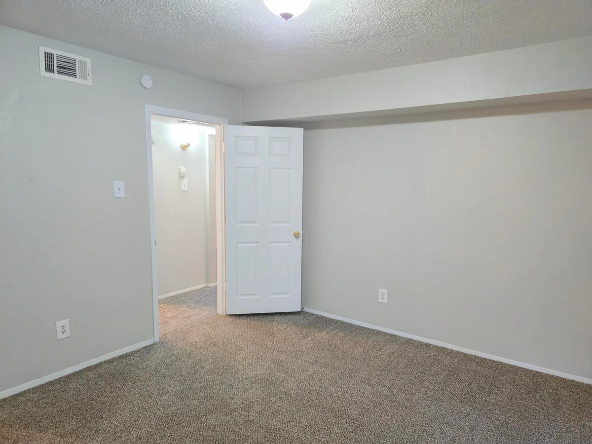 Carpeted bedroom with a six-panel door opening to the hallway