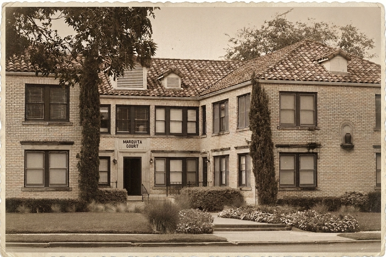 Marquita Court's 1930 tile-roofed brick facade and cast name plaque, shown in a sepia period treatment