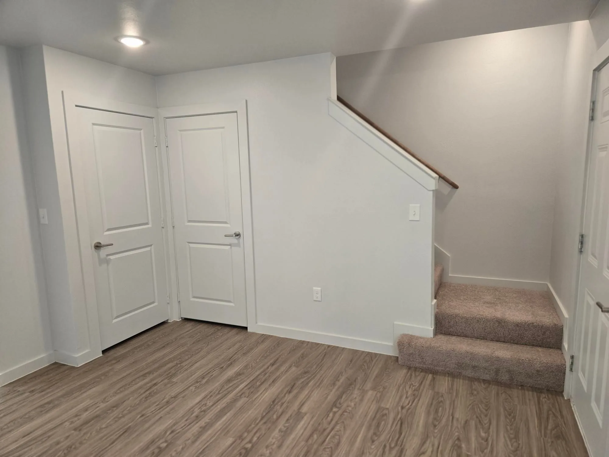 Interior entry with two closet doors and a carpeted staircase over wood-look flooring