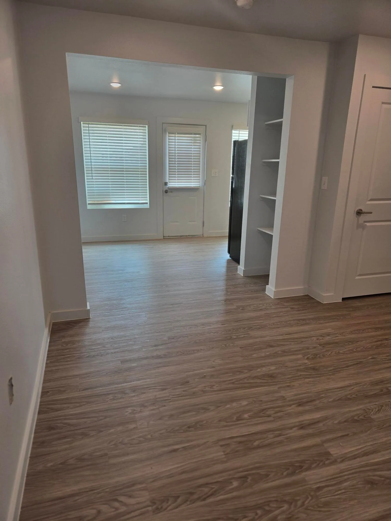 Open living area with wood-look plank flooring, recessed lighting and built-in pantry shelving