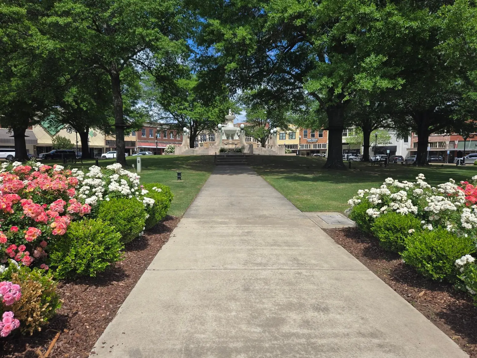 Rose-lined walkway approaching the fountain on the historic downtown Paris, Texas plaza nearby
