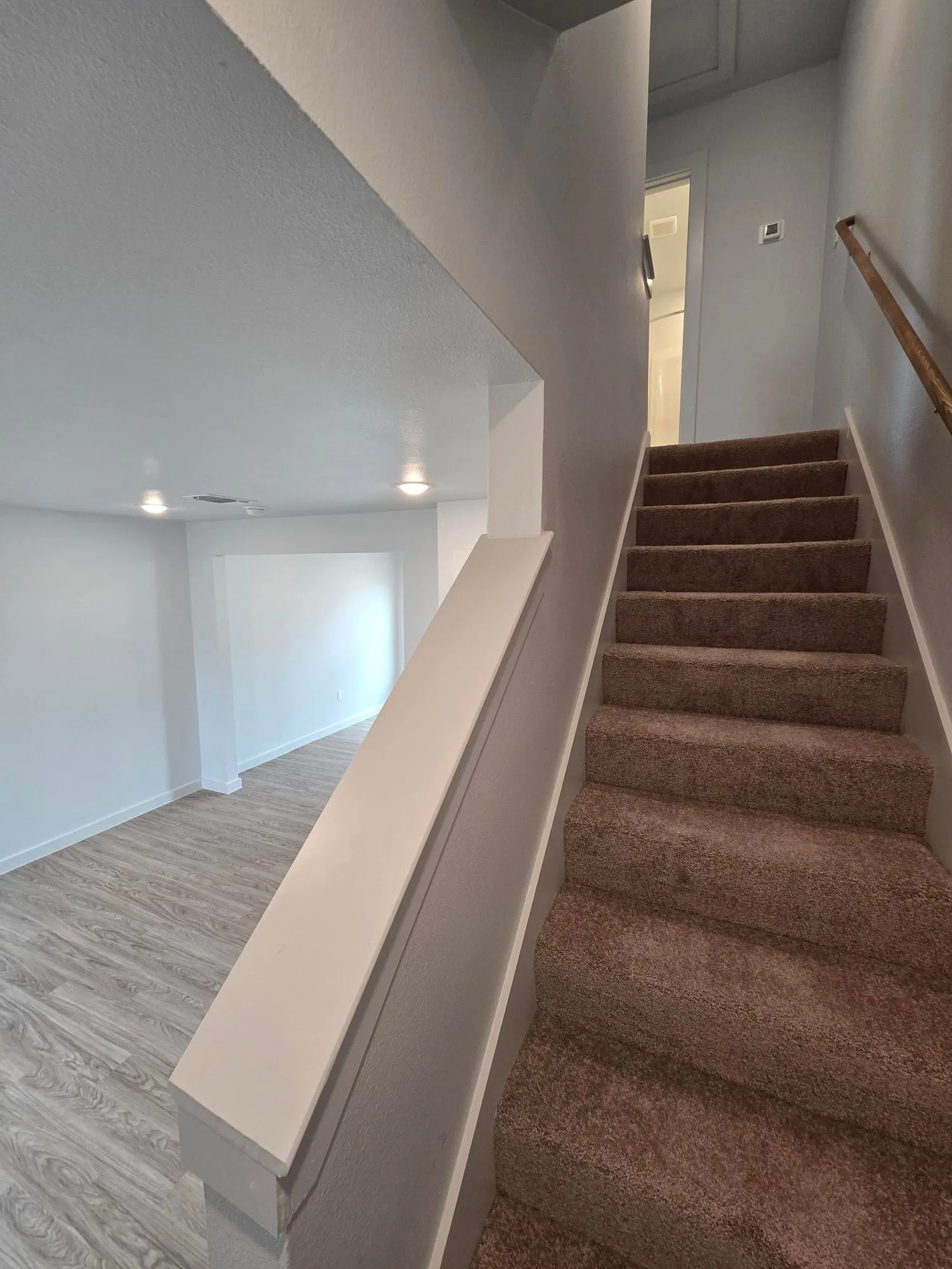Carpeted staircase with a wood handrail rising from the open living level to the bedrooms