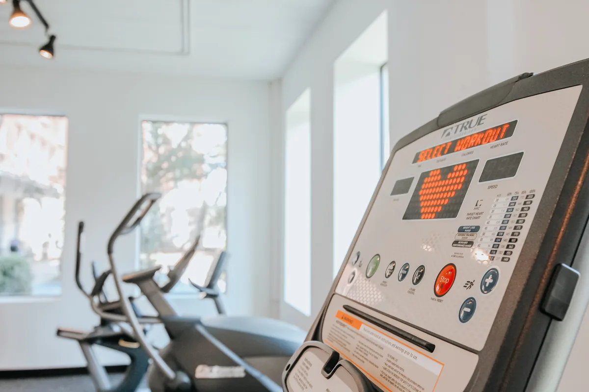 Cardio area with treadmills and an elliptical facing tall windows in the fitness room