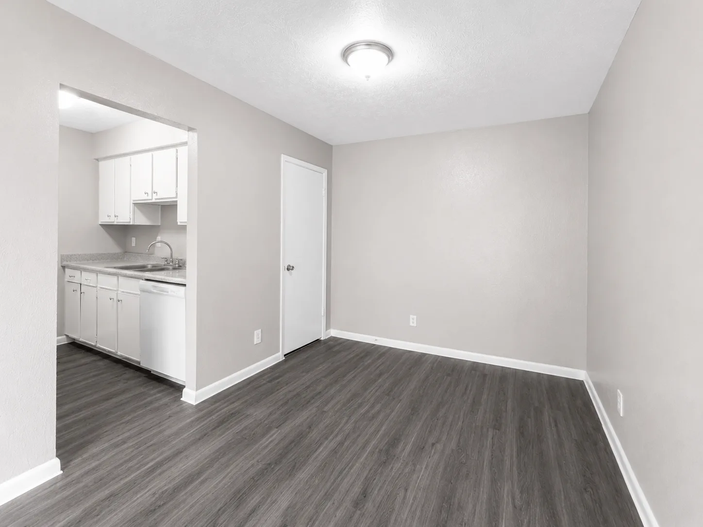Empty A1 dining area with a flush-mount ceiling light, opening through a wide pass-through to the galley kitchen